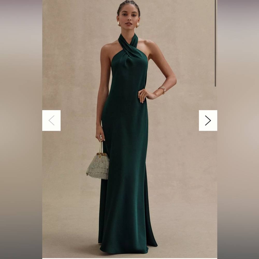 BHLDN Ruby Twist Halter Satin Gown - Dark emerald green SIZE 6